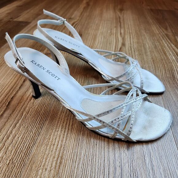 💜Karen Scott Silver Rhinestone Racquel Strappy Kitten Heels Size 8.5 - Picture 1 of 10